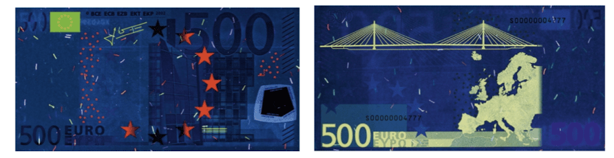 Ультрафиолетовый свет на банкноту €500